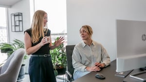 Tine og Stine diskuterer en oppgave ved en dataskjerm.