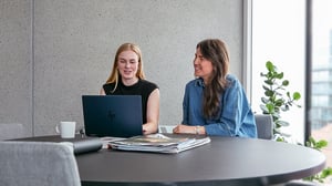 Tine og Elisabeth arbeider sammen ved en bærbar PC rundt et møtebord.